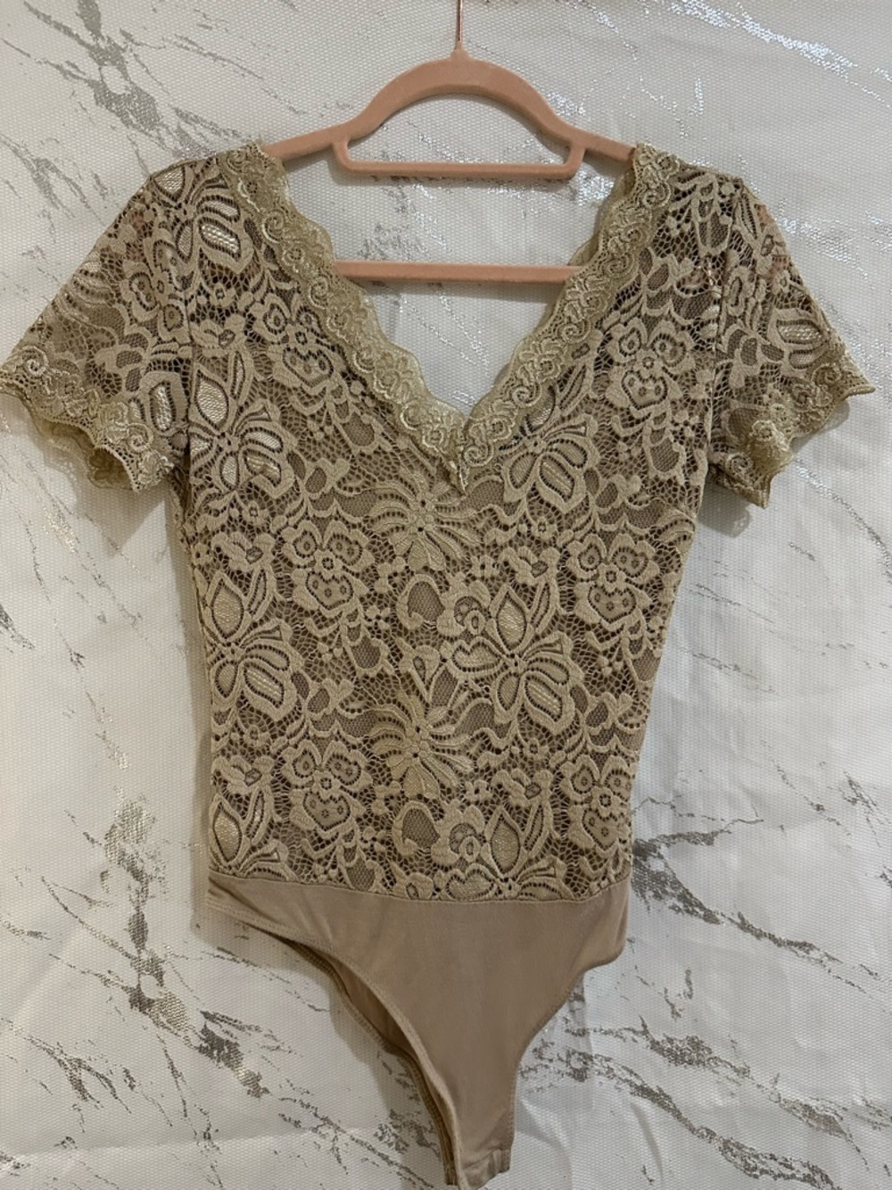 Tan Lace V-Neck Bodysuit Top